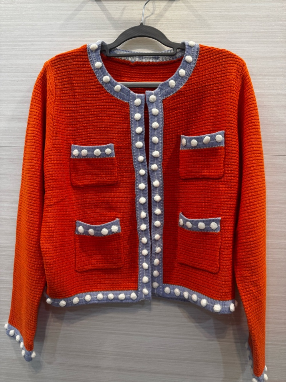 Amazon Bright Orange Knit Cardigan with Light Blue and White Pom-Pom Trim size L